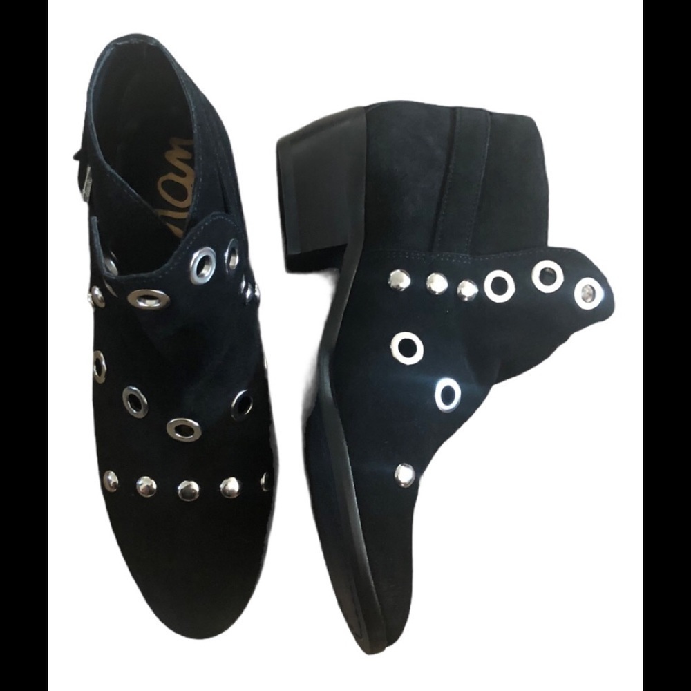 Sam Edelman Edgy Pedra Gromet Black Moto Bootie Suede Silver Detail Sz. 6 Biker - Picture 2 of 8